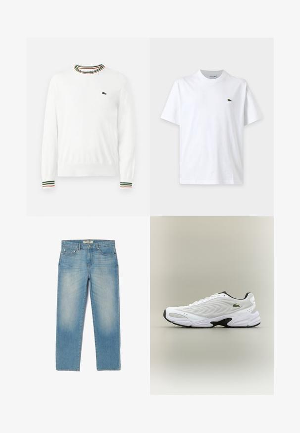 Pull blanc à col rond, avec des accents rayés verts, rouges et oranges sur le col et les manches. Logo Lacoste sur la poitrine.; T-shirt blanc uni à manches courtes avec col rond et petit logo crocodile vert sur la poitrine gauche.; Jean en denim bleu clair au design droit, avec cinq poches et un délavage légèrement usé. Présente des accessoires en acier inoxydable et une étiquette de taille avec la marque.; Baskets de sport blanches avec un dessus en mesh texturé, un design courbé et une semelle noire contrastante. Présente un logo brodé vert sur le côté.