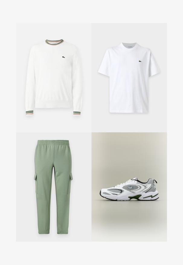Suéter blanco con cuello redondo, que presenta acentos de rayas verdes, rojas y naranjas en el cuello y las mangas. Logo de Lacoste en el pecho.; Camiseta blanca lisa de manga corta con cuello redondo y pequeño logo verde de cocodrilo en el pecho izquierdo.; Pantalones de chándal verde claro con cintura elástica, piernas ajustadas y dos bolsillos laterales tipo cargo. Hechos de una tela suave y transpirable.; Zapatilla deportiva de running en blanco y gris, con paneles de malla, acentos verdes, detalles en negro y un logo en el costado, vista desde el lado exterior.