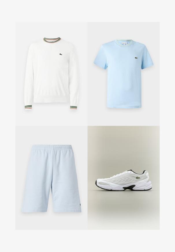 Suéter blanco con cuello redondo, que presenta acentos de rayas verdes, rojas y naranjas en el cuello y las mangas. Logo de Lacoste en el pecho.; Camiseta de algodón azul claro con mangas cortas, cuello redondo con un ribete de rayas verdes y blancas, y un pequeño logo bordado en el pecho.; Pantalones cortos de algodón azul claro con cinturilla elástica. Presenta un diseño simple y sólido con dobladillo abierto. Acento del logo en el dobladillo inferior.; Zapatilla deportiva blanca con parte superior de malla texturizada, diseño curvado y suela exterior negra en contraste. Presenta un logo verde bordado en el lateral.