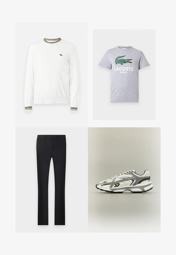 Suéter blanco con cuello redondo, que presenta acentos de rayas verdes, rojas y naranjas en el cuello y las mangas. Logo de Lacoste en el pecho.; Camiseta de manga corta color gris claro con un logo de cocodrilo verde y texto blanco "LACOSTE PARIS" centrado en el pecho.; Pantalones negros con diseño de pierna recta, confeccionados en una tela suave. Presenta bolsillos frontales, cierre de botón y trabillas para cinturón.; Zapatilla deportiva con una parte superior de malla blanca, acentos grises, suela de goma negra y un diseño aerodinámico. Presenta cordones y detalles texturizados.