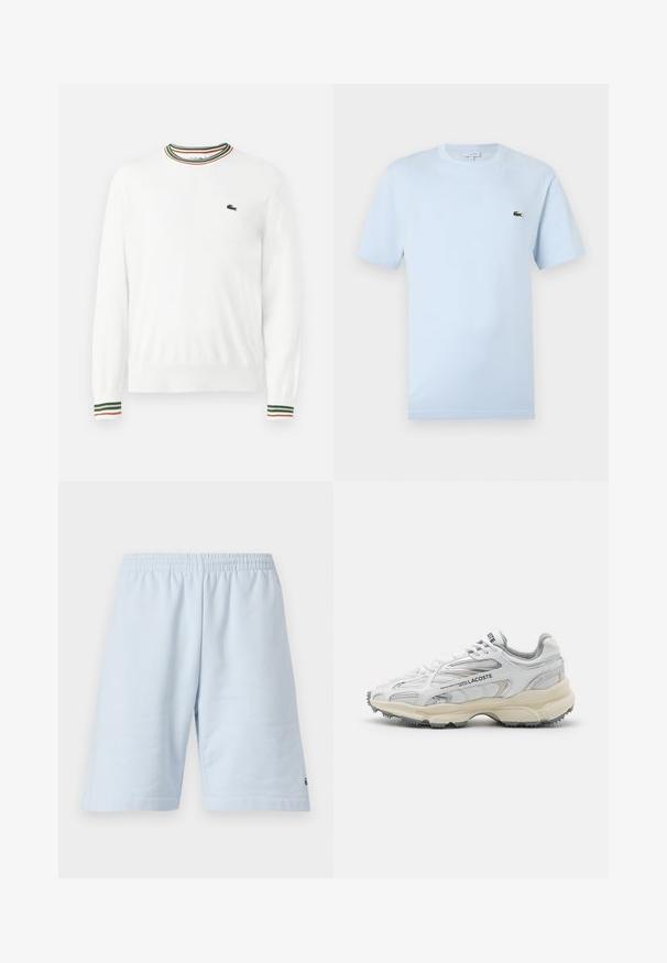 Weißer Pullover mit Rundhalsausschnitt, versehen mit grünen, roten und orangefarbenen gestreiften Akzenten am Kragen und den Ärmeln. Lacoste-Logo auf der Brust.; Helles blaues T-Shirt mit kurzen Ärmeln aus weichem Baumwollmaterial. Verfügt über ein kleines grünes gesticktes Krokodil-Logo auf der Brust.; Helle blaue Baumwollshorts mit elastischem Bund. Einfaches, einfarbiges Design und offener Saum. Logo-Verzierung am unteren Saum.; Weiße Sportschuhe mit grauen Akzenten, Obermaterial aus Mesh und Synthetik, Schnürdesign und rutschfester Gummisohle mit Strukturmustern.
