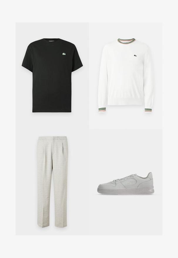 Valge sviiter, millel on ümmargune kaelus ja rohelised, punased ning oranžid triibud kaeluse ja varrukate ääres. Rinnal Lacoste logo.; Mustast puuvillasest lühikeste varrukatega t-särk, ümara kaelusega ja vasakul rinnal rohelise tikandiga logoga. Sile tekstuur, lõõgastav lõige.; Heledad hallid püksid tekstureeritud kangast, sirge lõike, volditud eesmise osa ja standardse vöökohaga. Nähtavaid taskuid või aksessuaare ei ole.; Valged madalad Lacoste tossud paeltega, külje peal reljeefne logo ning tekstureeritud talla, lihtsal taustal.