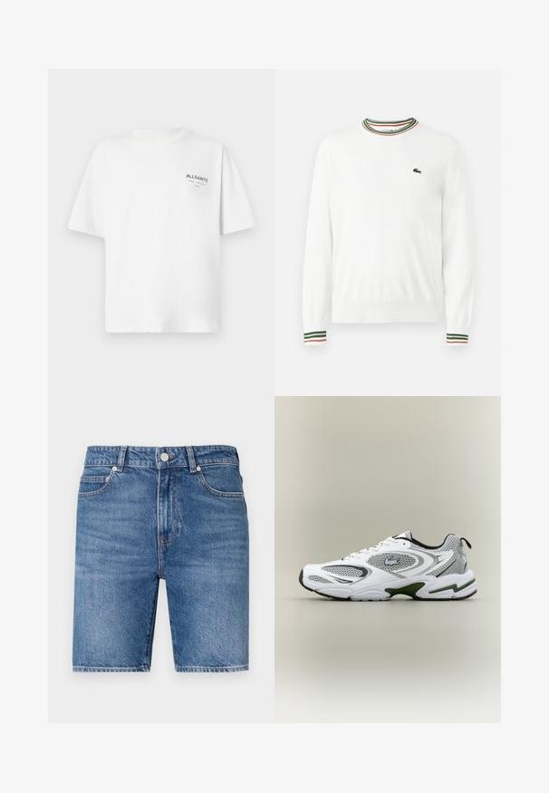 Hvid sweater med rund hals, prydet med grønne, røde og orange striber på kraven og ærmerne. Lacoste-logo på brystet.; Hvid kortærmet bomulds T-shirt med lille sort "ALLSAINTS" tekst og japanske tegn trykt på venstre bryst.; Denim shorts i mellemblå vask med lige snit, fem-lomme design og topknap lukning. Har kontrasterende syninger.; Hvid og grå sporty løbesko med mesh-paneler, grønne detaljer, sorte elementer og et logo på siden, vist fra ydersiden.