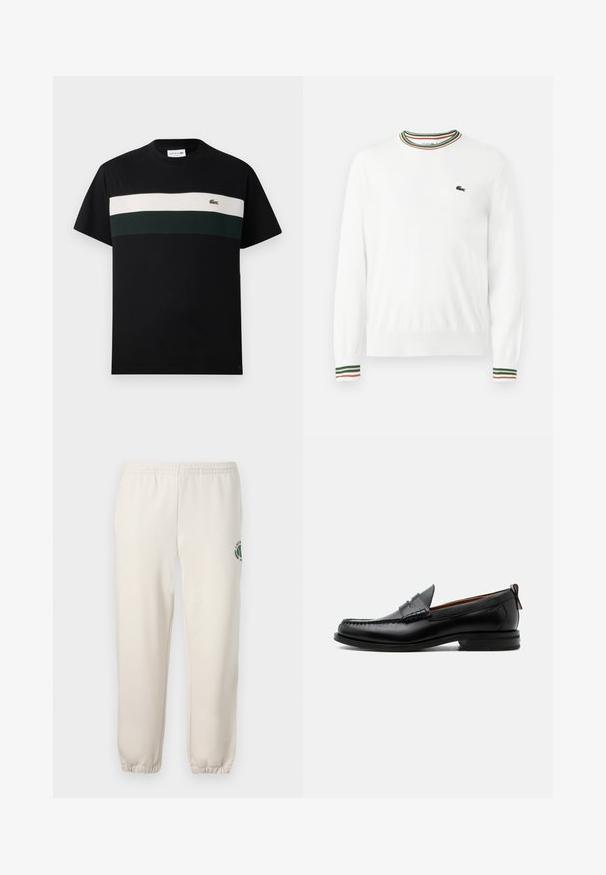 Biely sveter s okrúhlym výstrihom, ktorý má na golieri a rukávoch pruhy v zelených, červených a oranžových odtieňoch. Logo Lacoste na hrudi.; Čierne tričko vyrobené z bavlny s okrúhlym výstrihom, s horizontálnym pruhom v krémovej a tmavozelenej farbe cez hruď a malým logom.; Svetlo béžové tepláky z bavlny s elastickým pásom, rebrovanými manžetami a zeleným logom s dizajnom listu na ľavej nohe.; Čierny kožený pánsky mokasín s prešitím moc toe, penny remienkom, textúrovaným golierom a nízkym vrstveným podpätkom na bielom pozadí.