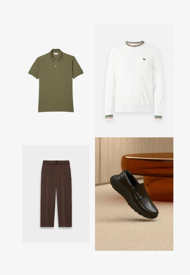 Witte trui met ronde hals, voorzien van groene, rode en oranje gestreepte accenten op de kraag en mouwen. Lacoste-logo op de borst.; Olijfgroene poloshirt van katoen, met een twee-knopen sluiting, korte mouwen en geborduurd logo op de linkerkant van de borst.; Bruine broek met een riem, met een hoge taille, geplooide voorkant en zijzakken; gemaakt van gladde, gestructureerde stof.; Zwarte leren loafer met dikke zool, weergegeven boven een beige tapijt en dichtbij een ronde amberkleurige tafelpoot.