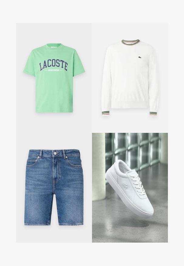 Weißer Pullover mit Rundhalsausschnitt, versehen mit grünen, roten und orangefarbenen gestreiften Akzenten am Kragen und den Ärmeln. Lacoste-Logo auf der Brust.; Grünes Baumwoll-T-Shirt mit Rundhalsausschnitt. Mit fettem marineblauen Text "LACOSTE" und "SPORTSWEAR" über der Brust. Kurzarm.; Jeans-Shorts in einem mittleren Blauton mit geradem Schnitt, fünf Taschen Design und Knopfverschluss. Mit kontrastierenden Nähten.; Weißer Sneaker mit niedrigem Schaft, Schnürdesign und eingeprägtem Krokodil-Logo, platziert auf einem grauen, polierten Boden vor einer Glassteinwand.