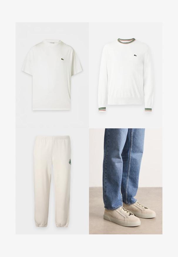 Weißer Pullover mit Rundhalsausschnitt, versehen mit grünen, roten und orangefarbenen gestreiften Akzenten am Kragen und den Ärmeln. Lacoste-Logo auf der Brust.; Weißes T-Shirt mit kurzen Ärmeln und Rundhalsausschnitt mit kleinem grünem Krokodil-Logo auf der linken Brust.; Helle beige Sweatpants aus Baumwolle mit einem elastischen Bund, gerippten Bündchen und einem grünen Logo mit Blattdesign am linken Bein.; BOSS GARYTENN_SDHDEL - Sneaker low - natural ten