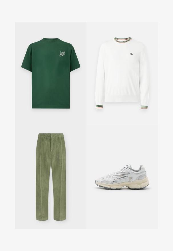 Biely sveter s okrúhlym výstrihom, ktorý má na golieri a rukávoch pruhy v zelených, červených a oranžových odtieňoch. Logo Lacoste na hrudi.; Zelené bavlnené tričko s okrúhlym výstrihom, krátkymi rukávmi a bielym logom "Lacoste Paris" na ľavej strane hrude.; Manšestrové nohavice olivovo zelenej farby s elastickým pásom, predným gombíkom a vertikálnymi švovými detailmi na jednofarebnom pozadí.; Biele športové topánky s šedými akcentmi, sieťovinovou a syntetickou vrchnou časťou, viazanie na šnúrky a texturovanou gumovou podrážkou s protišmykovými vzormi.