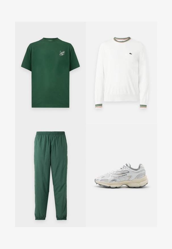 Biely sveter s okrúhlym výstrihom, ktorý má na golieri a rukávoch pruhy v zelených, červených a oranžových odtieňoch. Logo Lacoste na hrudi.; Zelené bavlnené tričko s okrúhlym výstrihom, krátkymi rukávmi a bielym logom "Lacoste Paris" na ľavej strane hrude.; Zelené, ľahké, elastické nohavice so sťahovacím pásom a manžetami, vyrobené z hladkého, vodoodpudivého materiálu.; Biele športové topánky s šedými akcentmi, sieťovinovou a syntetickou vrchnou časťou, viazanie na šnúrky a texturovanou gumovou podrážkou s protišmykovými vzormi.