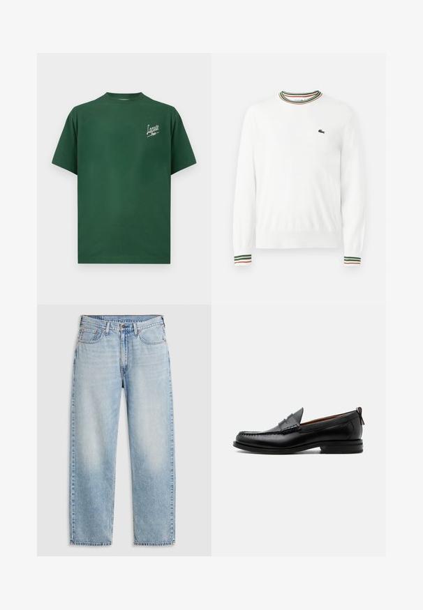 Biely sveter s okrúhlym výstrihom, ktorý má na golieri a rukávoch pruhy v zelených, červených a oranžových odtieňoch. Logo Lacoste na hrudi.; Zelené bavlnené tričko s okrúhlym výstrihom, krátkymi rukávmi a bielym logom "Lacoste Paris" na ľavej strane hrude.; Svetlomodré džínsy rovného strihu s piatimi vreckami, kovovým zapínaním na gombík a vyblednutými detailmi na stehnách a kolenách, položené na bielom pozadí.; Čierny kožený pánsky mokasín s prešitím moc toe, penny remienkom, textúrovaným golierom a nízkym vrstveným podpätkom na bielom pozadí.