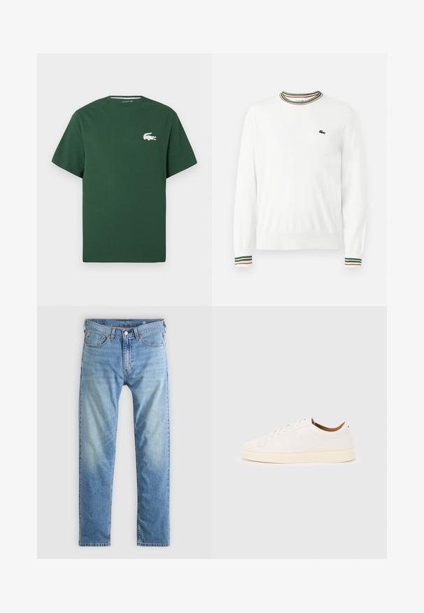 Biely sveter s okrúhlym výstrihom, ktorý má na golieri a rukávoch pruhy v zelených, červených a oranžových odtieňoch. Logo Lacoste na hrudi.; Zelené bavlnené tričko s krátkymi rukávmi, okrúhlym výstrihom a bielym logom krokodíla na ľavej hrudi. Hladká textúra, neformálny dizajn.; Svetlomodré džínsy zo denimu s dizajnom rovného strihu, s oranžovým stehom, piatimi vreckami a zapínaním na gombík.; Biela nízka teniska s dizajnom na šnurovanie, s minimálnymi švami a krémovo sfarbenou podrážkou na svetlosivom pozadí.