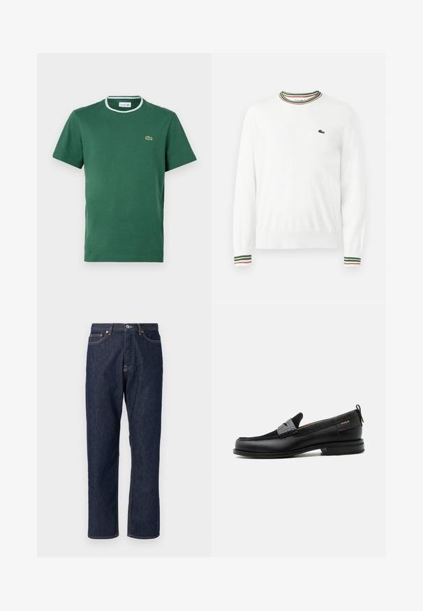 Suéter blanco con cuello redondo, que presenta acentos de rayas verdes, rojas y naranjas en el cuello y las mangas. Logo de Lacoste en el pecho.; Camiseta de cuello redondo verde de algodón, de manga corta, con un cuello acanalado en blanco y verde en contraste y un pequeño logo bordado.; Jeans de mezclilla azul oscuro con un diseño de pierna recta. Cuenta con un cierre de botón y cremallera, cinco bolsillos y detalles de costura en contraste.; Mocasín de cuero negro con detalle de tira gris, tacón bajo y suela texturizada, con la marca "HUGO" en oro en el lateral.