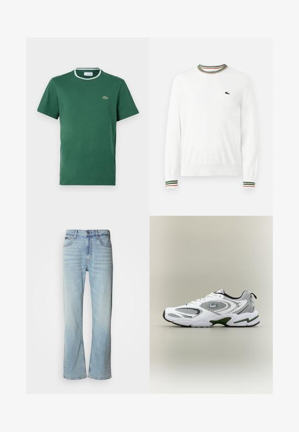 Suéter blanco con cuello redondo, que presenta acentos de rayas verdes, rojas y naranjas en el cuello y las mangas. Logo de Lacoste en el pecho.; Camiseta de cuello redondo verde de algodón, de manga corta, con un cuello acanalado en blanco y verde en contraste y un pequeño logo bordado.; Jeans de mezclilla azul claro con corte recto, que cuentan con cinco bolsillos, un cierre de botón y un ligero desvanecimiento en la tela.; Zapatilla deportiva de running en blanco y gris, con paneles de malla, acentos verdes, detalles en negro y un logo en el costado, vista desde el lado exterior.