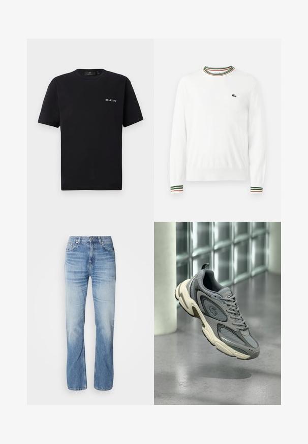 Witte trui met ronde hals, voorzien van groene, rode en oranje gestreepte accenten op de kraag en mouwen. Lacoste-logo op de borst.; Zwarte T-shirt met korte mouwen en ronde hals, met een klein wit "BELSTAFF" logo op de linkerborst tegen een effen achtergrond.; Lichtblauwe denim jeans met een recht gesneden pijp, vervaagde afwerking, vijf zakken en een knoopsluiting. Klassiek ontwerp en gemiddelde dikte.; Grijze en witte sneaker met mesh- en leren panelen, zwevend boven een gepolijste betonnen vloer bij een achtergrond van een glazen blokmuur.