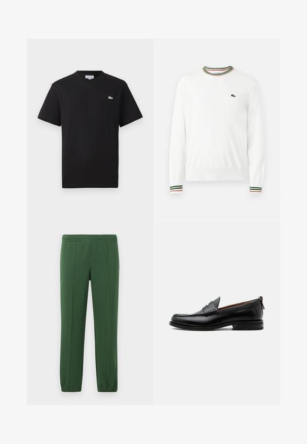 Hvid sweater med rund hals, prydet med grønne, røde og orange striber på kraven og ærmerne. Lacoste-logo på brystet.; Sort bomuld t-shirt med rund hals. Har et lille broderet Lacoste-logo i grøn og hvid på brystet. Korte ærmer, almindelig pasform.; Grønne sweatpants lavet af blødt materiale; har en elastisk talje, tapered ben og et lille logo på siden.; Sort læder herre loafer med moc-tå syning, penny strop, struktureret krave og lav stablet hæl på hvid baggrund.
