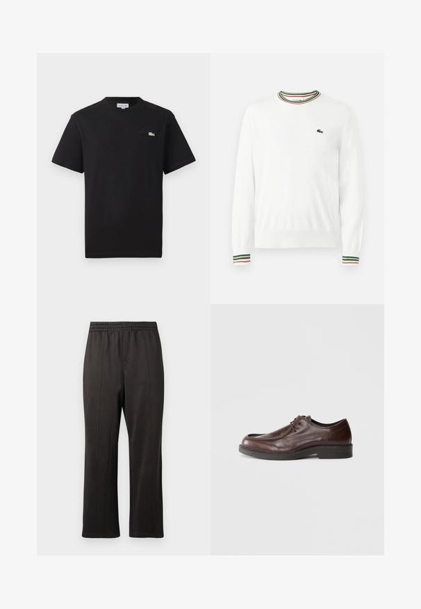 Suéter blanco con cuello redondo, que presenta acentos de rayas verdes, rojas y naranjas en el cuello y las mangas. Logo de Lacoste en el pecho.; Camiseta de algodón negra con cuello redondo. Presenta un pequeño logo de Lacoste bordado en verde y blanco en el pecho. Mangas cortas, corte regular.; Pantalones negros con cintura elástica y diseño de pierna recta. Fabricados con una tela suave y con sutiles detalles de costura en la parte frontal.; Zapato de vestir de cuero marrón con punta redonda, acentos de costura mínimos y una suela negra resistente. Presenta un cierre con cordones y una textura suave.