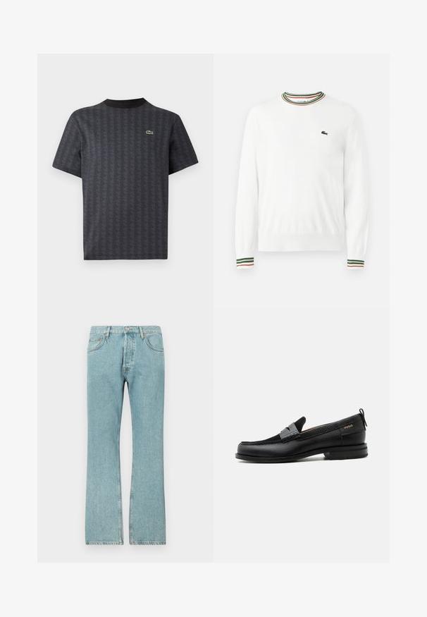 Hvid sweater med rund hals, prydet med grønne, røde og orange striber på kraven og ærmerne. Lacoste-logo på brystet.; Sort kortærmet t-shirt med et geometrisk mønster og et grønt krokodille-logo, med en ensfarvet sort rund hals.; Lysblå denimjeans med lige ben-design, der har fem lommer og en knaplukning. Synlige sømme og frynsedetaljer i kanten.; Sort læderloafer med grå remdetalje, lav hæl og tekstureret sål, mærket med "HUGO" i guld på siden.