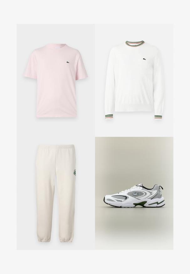 Suéter blanco con cuello redondo, que presenta acentos de rayas verdes, rojas y naranjas en el cuello y las mangas. Logo de Lacoste en el pecho.; Camiseta de algodón de color rosa claro con mangas cortas. Presenta un pequeño logo bordado en verde en el lado izquierdo del pecho. Diseño de cuello redondo.; Pantalones de chándal de color beige claro, hechos de algodón, con una cinturilla elástica, puños acanalados y un logo verde con diseño de hoja en la pierna izquierda.; Zapatilla deportiva de running en blanco y gris, con paneles de malla, acentos verdes, detalles en negro y un logo en el costado, vista desde el lado exterior.