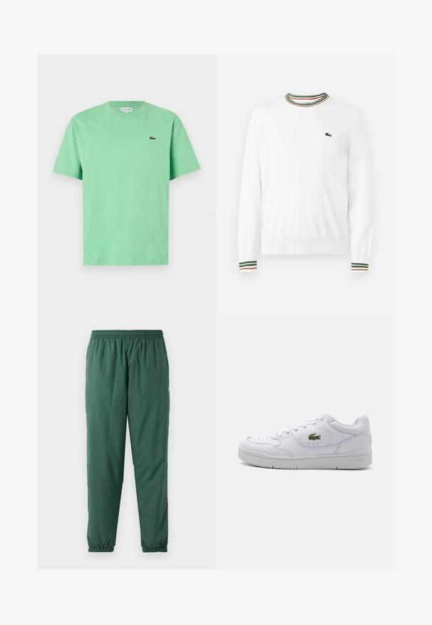 Suéter blanco con cuello redondo, que presenta acentos de rayas verdes, rojas y naranjas en el cuello y las mangas. Logo de Lacoste en el pecho.; Camiseta de algodón verde menta con cuello redondo, mangas cortas y un pequeño logotipo bordado en el lado izquierdo del pecho.; Pantalones verdes, ligeros y elásticos con cintura y puños fruncidos, hechos de un material suave y resistente al agua.; Zapatillas de cuero blanco con puntera perforada y un logotipo de cocodrilo verde en el costado exterior. Cuenta con suela plana y diseño de cordones.