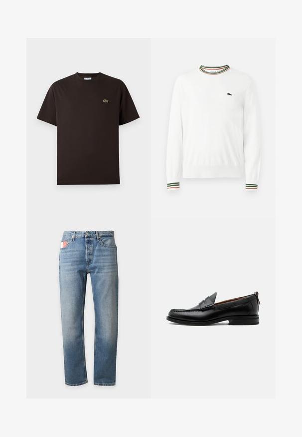 Suéter blanco con cuello redondo, que presenta acentos de rayas verdes, rojas y naranjas en el cuello y las mangas. Logo de Lacoste en el pecho.; Camiseta de algodón de manga corta en color marrón. Presenta un discreto logo de cocodrilo bordado en verde en el lado izquierdo del pecho. Diseño clásico de cuello redondo.; Vaqueros azules de pierna recta con un ligero desgaste en los muslos, cierre frontal con botón y cremallera, y una pequeña etiqueta roja y blanca en el bolsillo delantero derecho.; Mocasín de hombre de piel negra con costura moc toe, tira penny, cuello texturizado y tacón bajo apilado sobre fondo blanco.