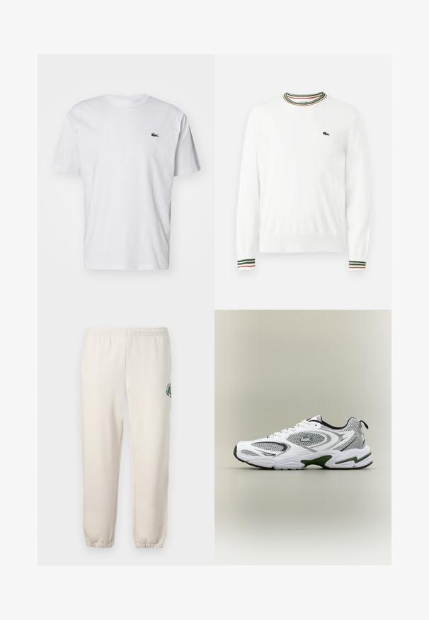 Pull blanc à col rond, avec des accents rayés verts, rouges et oranges sur le col et les manches. Logo Lacoste sur la poitrine.; T-shirt en coton blanc avec col rond, manches courtes et un petit logo brodé vert sur la poitrine. Design classique à coupe droite.; Pantalon de jogging beige clair en coton, doté d'une taille élastique, de poignets en côtes et d'un logo vert avec un design de feuille sur la jambe gauche.; Baskets de course blanches et grises avec des panneaux en mesh, accents verts, détails noirs et un logo sur le côté, présentées par l'extérieur.