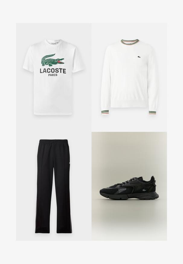 Suéter blanco con cuello redondo, que presenta acentos de rayas verdes, rojas y naranjas en el cuello y las mangas. Logo de Lacoste en el pecho.; Lacoste Camiseta estampada - white; Pantalones deportivos negros de largo completo con cinturilla elástica y rayas blancas en los laterales, que presentan un pequeño logo verde en la parte superior.; Zapatilla negra Lacoste con paneles de malla y ante, suela negra, cordones, logo y texto de coordenadas en el lateral sobre un fondo beige liso.