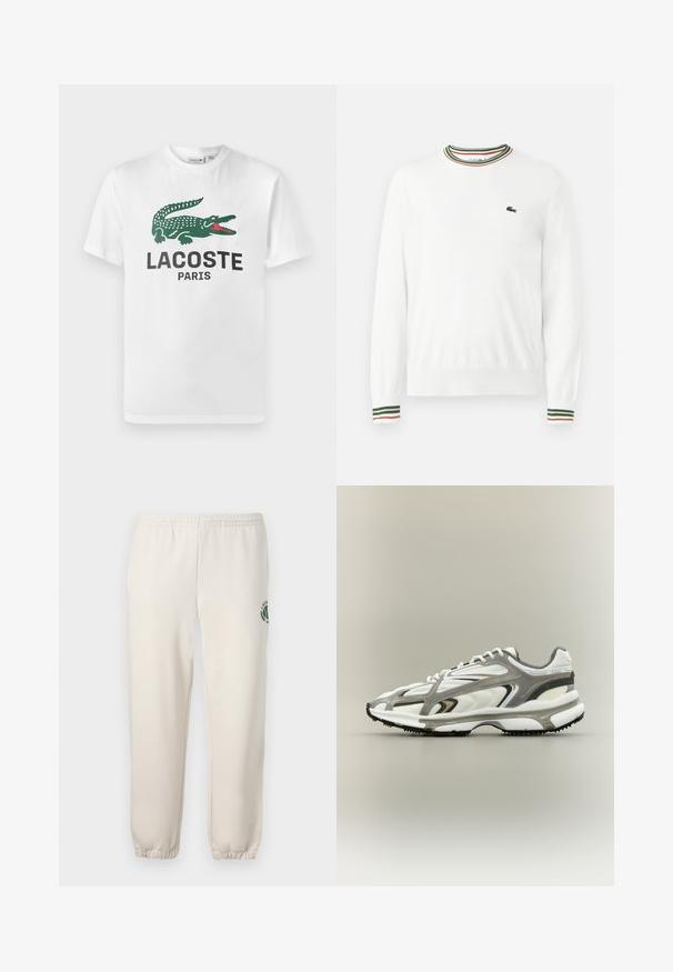 Hvid sweater med rund hals, prydet med grønne, røde og orange striber på kraven og ærmerne. Lacoste-logo på brystet.; Lacoste T-shirts print - white; Lys beige sweatpants lavet af bomuld, med elastisk talje, ribbede mansjetter og et grønt logo med bladdesign på venstre ben.; Sportssko med en hvid mesh-overdel, grå accenter, sort gummisål og et strømlinet design. Har snørebånd og strukturerede detaljer.