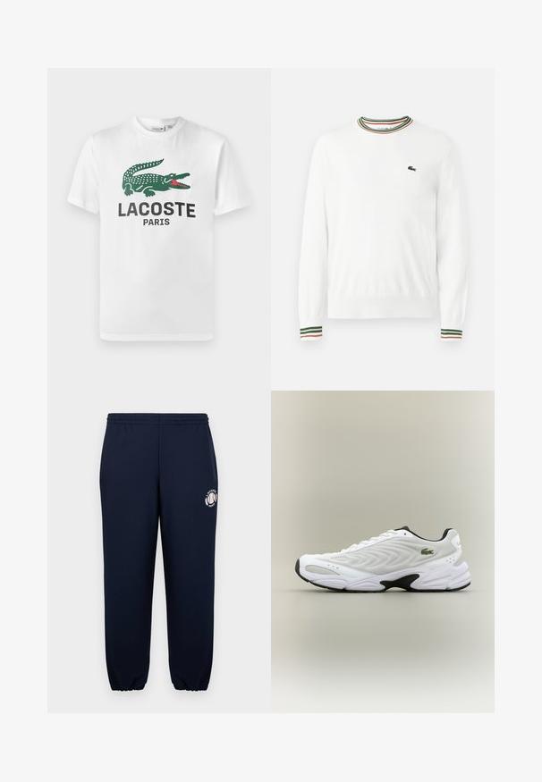Biely sveter s okrúhlym výstrihom, ktorý má na golieri a rukávoch pruhy v zelených, červených a oranžových odtieňoch. Logo Lacoste na hrudi.; Lacoste Tričko s potlačou - white; Námornícke modré tepláky vyrobené z jemnej bavlny s elastickými manžetami a pásom. Na ľavej nohe sa nachádza biele logo Lacoste Paris.; Biele atletické tenisky s textúrovaným sieťovinovým zvrškom, zakriveným dizajnom a kontrastnou čiernou podrážkou. S greennou vyšívanou nášivkou na boku.