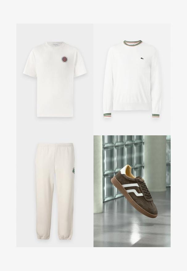 Biely sveter s okrúhlym výstrihom, ktorý má na golieri a rukávoch pruhy v zelených, červených a oranžových odtieňoch. Logo Lacoste na hrudi.; Biela bavlnená tričko s krátkymi rukávmi, s kruhovým modro-oranžovým logom "Tennis Heritage" na ľavej hrudi.; Svetlo béžové tepláky z bavlny s elastickým pásom, rebrovanými manžetami a zeleným logom s dizajnom listu na ľavej nohe.; Hnedý semišový teniska s bielymi bočnými pruhmi a gumovou podrážkou, zobrazená ako vznášajúca sa v interiéri na leštenej betónovej podlahe pri sklenených tehličkách.