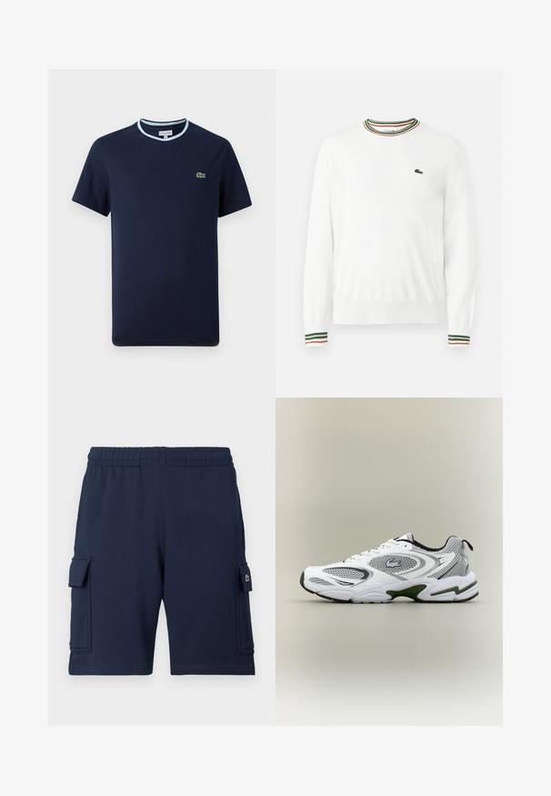 Hvid sweater med rund hals, prydet med grønne, røde og orange striber på kraven og ærmerne. Lacoste-logo på brystet.; Marineblåt T-shirt i bomuld, med en lys blå ribbet halsudskæring. Har et lille grønt krokodille-logo på brystet. Kortærmet design.; Marineblå cargoshorts lavet af blødt stof, med elastisk taljebånd, to sidelommer og et lille logo på venstre lomme.; Hvid og grå sporty løbesko med mesh-paneler, grønne detaljer, sorte elementer og et logo på siden, vist fra ydersiden.