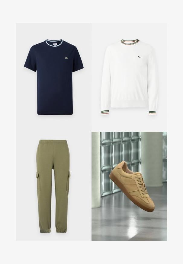 Pull blanc à col rond, avec des accents rayés verts, rouges et oranges sur le col et les manches. Logo Lacoste sur la poitrine.; T-shirt bleu marine en coton, avec un col côtelé bleu clair. Présente un petit logo crocodile vert sur la poitrine. Design à manches courtes.; Pantalons cargo en tissu léger vert olive, dotés de poches latérales, d'une taille élastique et de poignets fuselés pour un ajustement parfait.; Baskets beiges en daim avec semelle en gomme, design à lacets, flottant à l'intérieur sur un sol en béton poli près d'un mur en blocs de verre.