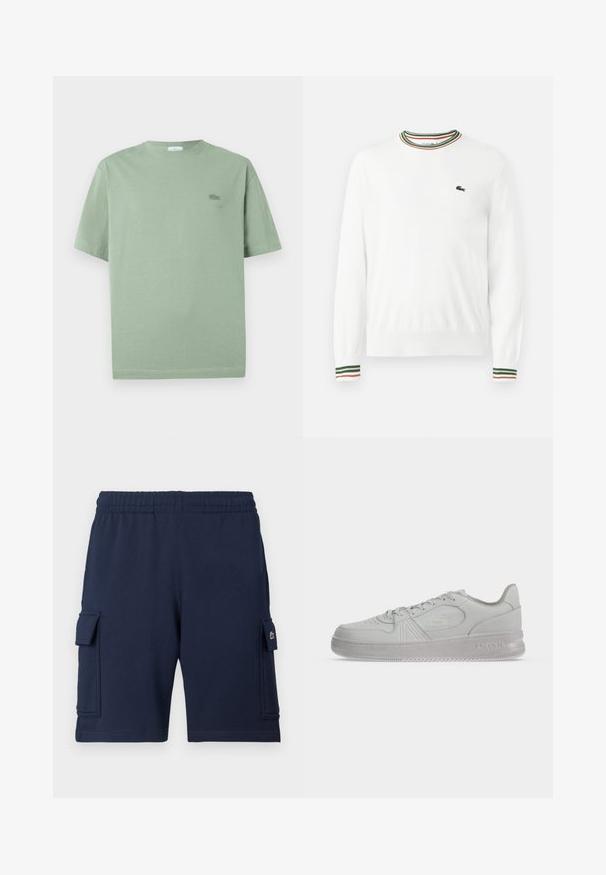 Pull blanc à col rond, avec des accents rayés verts, rouges et oranges sur le col et les manches. Logo Lacoste sur la poitrine.; T-shirt vert clair à manches courtes en coton, avec un petit logo brodé sur la poitrine et un col rond.; Shorts cargo bleu marine en tissu doux, dotés d'une ceinture élastique, de deux poches latérales et d'un petit logo sur la poche gauche.; Baskets basses blanches Lacoste avec lacets, logo embossé sur le côté et semelle texturée sur fond uni.