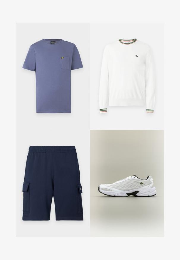 Pull blanc à col rond, avec des accents rayés verts, rouges et oranges sur le col et les manches. Logo Lacoste sur la poitrine.; T-shirt en coton violet à manches courtes, col rond, avec une poche poitrine ornée d'un logo brodé jaune.; Shorts cargo bleu marine en tissu doux, dotés d'une ceinture élastique, de deux poches latérales et d'un petit logo sur la poche gauche.; Baskets de sport blanches avec un dessus en mesh texturé, un design courbé et une semelle noire contrastante. Présente un logo brodé vert sur le côté.