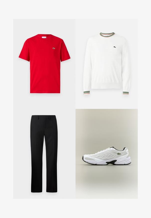 Weißer Pullover mit Rundhalsausschnitt, versehen mit grünen, roten und orangefarbenen gestreiften Akzenten am Kragen und den Ärmeln. Lacoste-Logo auf der Brust.; Rotes Baumwoll-T-Shirt mit kurzen Ärmeln, Rundhalsausschnitt und kleinem grünen Krokodil-Logo auf der linken Brust. Glatte Textur, lässige Passform.; Schwarze maßgeschneiderte Hosen mit geradem Beinschnitt, hergestellt aus glattem Stoff. Merkmale sind ein flacher Bund und ein mittelhoher Taillenbund.; Weißer Sportschuh mit strukturiertem Mesh-Obermaterial, geschwungenem Design und kontrastierender schwarzer Laufsohle. Mit grünem gesticktem Logo an der Seite.