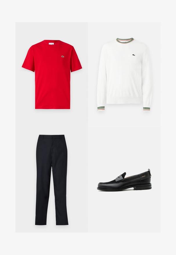 Weißer Pullover mit Rundhalsausschnitt, versehen mit grünen, roten und orangefarbenen gestreiften Akzenten am Kragen und den Ärmeln. Lacoste-Logo auf der Brust.; Rotes Baumwoll-T-Shirt mit kurzen Ärmeln, Rundhalsausschnitt und kleinem grünen Krokodil-Logo auf der linken Brust. Glatte Textur, lässige Passform.; Marineblaue Hose aus glattem Stoff, mit geradem Beinschnitt, einem einzigen Knopfverschluss und dezenten vorderen Falten.; Schwarzer Lederloafer mit grauem Riemendetail, niedrigem Absatz und strukturierter Sohle, seitlich mit „HUGO“ in Gold gebrandmarkt.