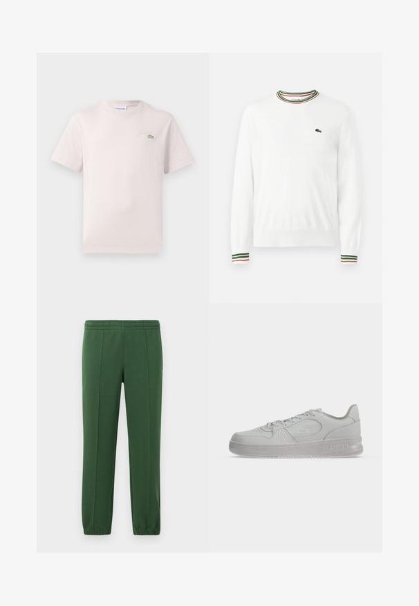 Weißer Pullover mit Rundhalsausschnitt, versehen mit grünen, roten und orangefarbenen gestreiften Akzenten am Kragen und den Ärmeln. Lacoste-Logo auf der Brust.; Helles rosa Baumwoll-T-Shirt mit Rundhalsausschnitt, kurzen Ärmeln und einem grünen, gestickten Lacoste-Logo auf der Brust. Weicher Stoff.; Grüne Jogginghose aus weichem Material; mit Gummizugbund, schmal zulaufenden Beinen und einem kleinen Logo an der Seite.; Weißer, flacher Lacoste-Sneaker mit Schnürsenkeln, geprägtem Logo an der Seite und strukturierter Sohle auf einfachem Hintergrund.
