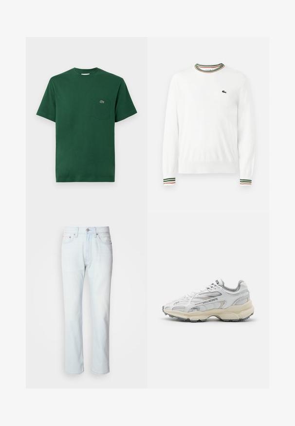 Biely sveter s okrúhlym výstrihom, ktorý má na golieri a rukávoch pruhy v zelených, červených a oranžových odtieňoch. Logo Lacoste na hrudi.; Zelené bavlnené tričko s okrúhlym výstrihom, krátkymi rukávmi a vreckom na ľavej strane hrude, na ktorom je malé vyšívané logo.; Svetlomodré riflové nohavice so strihom rovného nohavice. Majú gombíkový uzáver a pútka na opasok, pričom preukazujú vyblednutú štruktúru a minimálne šitie.; Biele športové topánky s šedými akcentmi, sieťovinovou a syntetickou vrchnou časťou, viazanie na šnúrky a texturovanou gumovou podrážkou s protišmykovými vzormi.