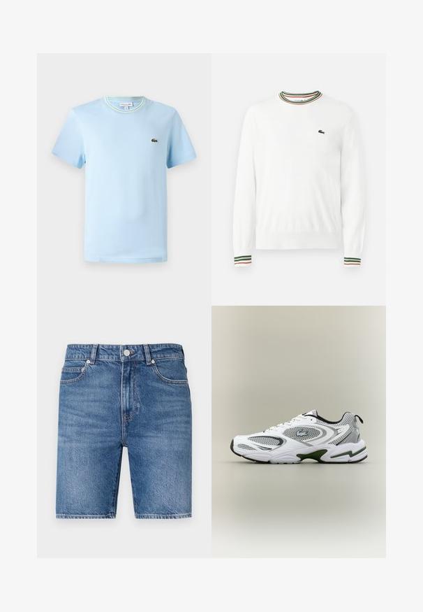 Suéter blanco con cuello redondo, que presenta acentos de rayas verdes, rojas y naranjas en el cuello y las mangas. Logo de Lacoste en el pecho.; Camiseta de algodón azul claro con mangas cortas, cuello redondo con un ribete de rayas verdes y blancas, y un pequeño logo bordado en el pecho.; Shorts de mezclilla en un lavado azul medio con un corte recto, diseño de cinco bolsillos y cierre con botón en la parte superior. Presentan costuras en contraste.; Zapatilla deportiva de running en blanco y gris, con paneles de malla, acentos verdes, detalles en negro y un logo en el costado, vista desde el lado exterior.