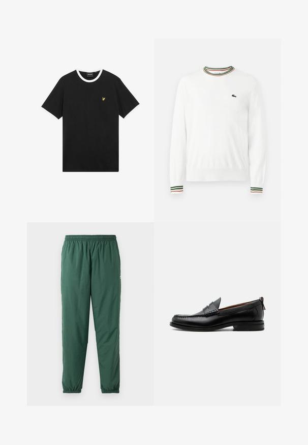 Hvid sweater med rund hals, prydet med grønne, røde og orange striber på kraven og ærmerne. Lacoste-logo på brystet.; Sort T-shirt med hvid krave og ærmekanter, lavet af bomuld. Har en lille gul broderet ørnelogo på brystet.; Grønne, lette, elastiske bukser med en rynket talje og manchetter, lavet af et glat, vandafvisende materiale.; Sort læder herre loafer med moc-tå syning, penny strop, struktureret krave og lav stablet hæl på hvid baggrund.