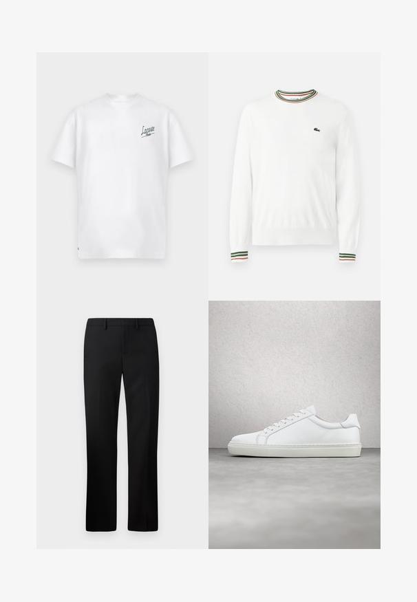 Biely sveter s okrúhlym výstrihom, ktorý má na golieri a rukávoch pruhy v zelených, červených a oranžových odtieňoch. Logo Lacoste na hrudi.; Biela bavlnená tričko s kulatým výstrihom a krátkymi rukávmi. Na ľavej strane hrudníka sa nachádza zelené logo "Lacoste Paris". Mäkka textúra.; Čierne elegantné nohavice so rovnými nohavicami, vyrobené z hladkej tkaniny. Súčasťou je plochý predný diel a pás so stredným vzostupom.; Biele tenisky s hladkým koženým zvrškom a nízkym profilom. Majú zaoblenú špičku, šesť očiek a štruktúrovanú gumovú podrážku.