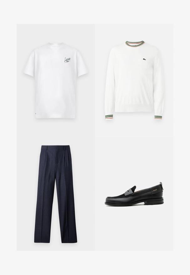 Witte trui met ronde hals, voorzien van groene, rode en oranje gestreepte accenten op de kraag en mouwen. Lacoste-logo op de borst.; Witte katoenen t-shirt met een ronde hals en korte mouwen. Heeft een groen "Lacoste Paris" logo op de linkerborst. Zachte textuur.; Navy wollen broek met een getailleerde fit, voorzien van een geplooide voorkant en wijde pijpen. Glad textuur en strakke lijnen, geschikt voor formele gelegenheden.; Zwarte leren loafer met grijs riemdetailelement, lage hak en gestructureerde zool, aan de zijkant gebrandmerkt met "HUGO" in goud.