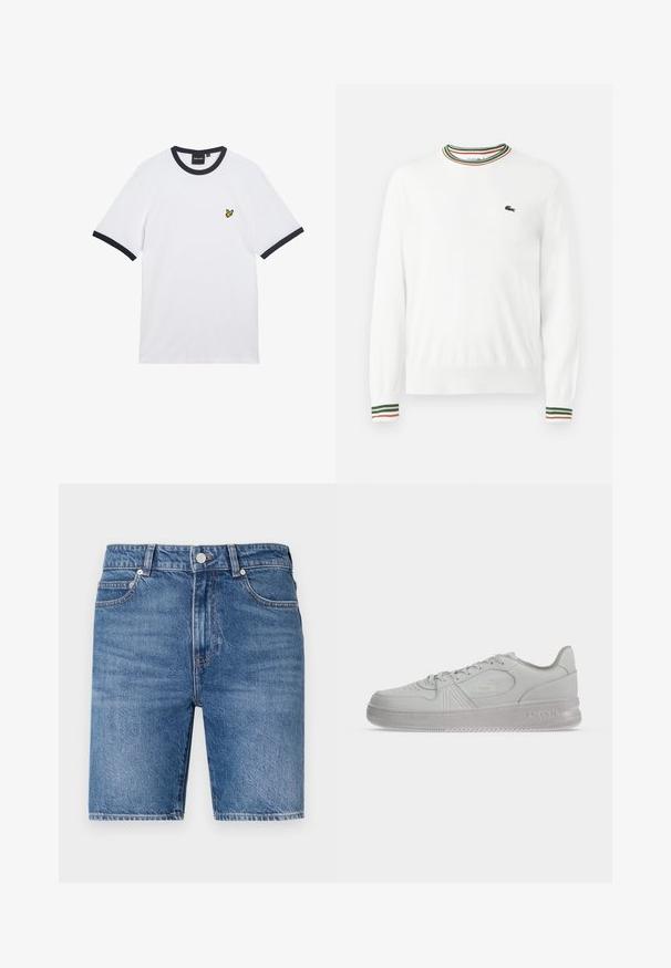 Hvid sweater med rund hals, prydet med grønne, røde og orange striber på kraven og ærmerne. Lacoste-logo på brystet.; Hvid bomulds t-shirt med marineblå ribstrikket krave og ærmekanter. Har en lille gul broderet logo på brystet.; Denim shorts i mellemblå vask med lige snit, fem-lomme design og topknap lukning. Har kontrasterende syninger.; Hvid lav Lacoste sneaker med snørebånd, præget logo på siden og tekstureret sål på en ensfarvet baggrund.