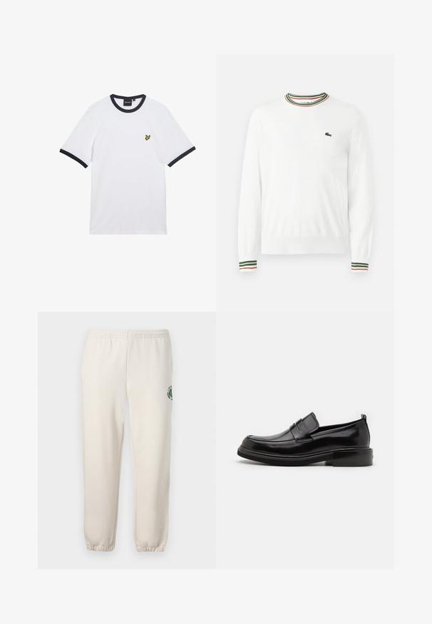 Pull blanc à col rond, avec des accents rayés verts, rouges et oranges sur le col et les manches. Logo Lacoste sur la poitrine.; T-shirt en coton blanc avec col et bordures des manches côtelés bleu marine. Présente un petit logo jaune brodé sur la poitrine.; Pantalon de jogging beige clair en coton, doté d'une taille élastique, de poignets en côtes et d'un logo vert avec un design de feuille sur la jambe gauche.; Calvin Klein MOCCASIN - Mocassins de ville - black