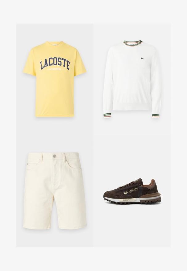 Hvid sweater med rund hals, prydet med grønne, røde og orange striber på kraven og ærmerne. Lacoste-logo på brystet.; Gul bomulds T-shirt med navy blå "LACOSTE" logo og "SPORTSWEAR" tekst nedenfor. Enkel design med rund hals og korte ærmer.; Lys beige denim shorts med klassisk skæring, der har frontendepoker, bæltesløjfer og knaplukning. Glat tekstur med ensfarvet farve.; Brun Lacoste sneaker med blandet ruskind og stof, struktureret sål, logo og trykt tekst på siden og mellemsålen.