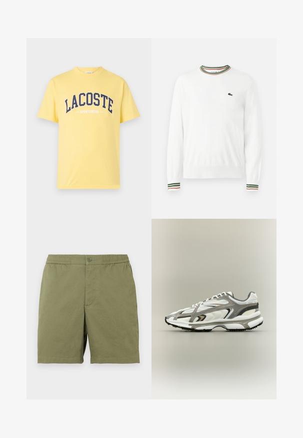 Valge sviiter, millel on ümmargune kaelus ja rohelised, punased ning oranžid triibud kaeluse ja varrukate ääres. Rinnal Lacoste logo.; Kollane puuvillane T-särk, millel on tumesinine "LACOSTE" logo ja "SPORTSWEAR" tekst all. Lihtne ümmargune kaelus ja lühikesed varrukad.; Oliivrohelised lühikesed püksid kergest kangast, millel on elastne vöökoht nupukinnisega ja lihtne, sile tekstuur.; Spordijalatsid valgest võrgust ülemise osaga, hallide aktsentidega, musta kummist tallaga ja aerodünaamilise disainiga. Omab paelti ja tekstuuritud detaile.