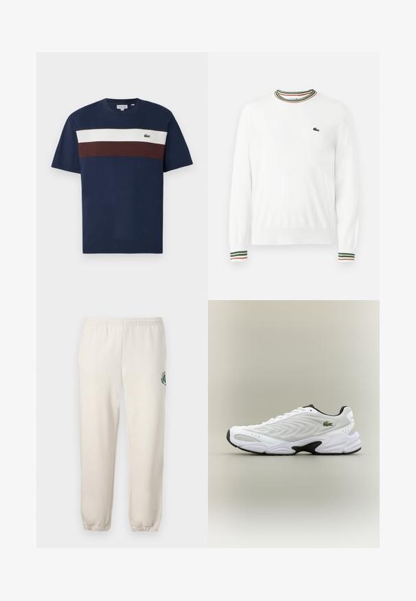 Valge sviiter, millel on ümmargune kaelus ja rohelised, punased ning oranžid triibud kaeluse ja varrukate ääres. Rinnal Lacoste logo.; Tumed sinine puuvillane T-särk, millel on horisontaalsed triibud kreemja ja burbooni värviga, ning rinnal väike roheline krokodilli logo.; Heledadbežased püksid, mis on valmistatud puuvillast, varustatud elastse vöökohtaga, soonikute lõpetustega ja vasakul jalal on roheline logo lehe kujundusega.; Valge sportlik king, millel on tekstureeritud võrgu pealisosa, kaardus disain ja kontrastne must tall. Külje peal on roheline tikandiga logo.