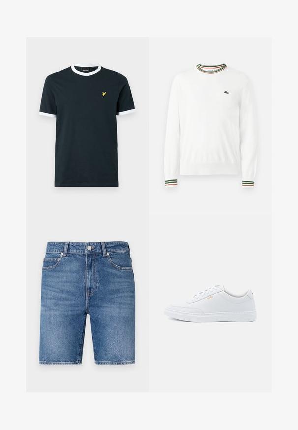 Pull blanc à col rond, avec des accents rayés verts, rouges et oranges sur le col et les manches. Logo Lacoste sur la poitrine.; T-shirt en coton bleu marine avec col et bords de manches en rigide blanc. Présente un petit logo brodé jaune sur la poitrine gauche.; Shorts en denim avec un délavage bleu moyen, coupe droite, design à cinq poches et fermeture par bouton supérieur. Présente des coutures contrastées.; Baskets blanches en cuir avec une texture lisse, bout rond et coutures tonales. Possède des lacets bleus et un logo doré sur le côté.