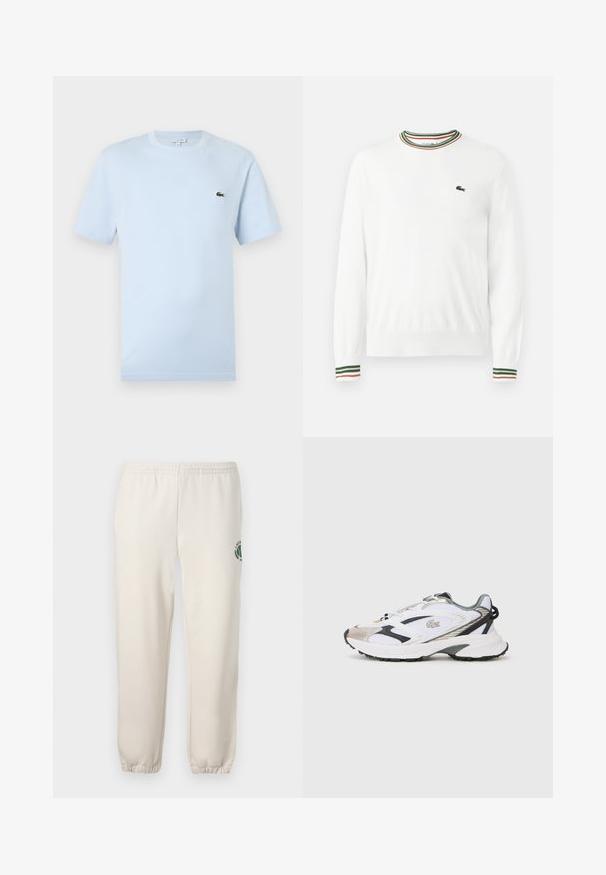 Witte trui met ronde hals, voorzien van groene, rode en oranje gestreepte accenten op de kraag en mouwen. Lacoste-logo op de borst.; Lichtblauw T-shirt met korte mouwen, gemaakt van zacht katoen. Heeft een klein groen geborduurd krokodillenlogo op de borst.; Lichtbeige sweatpants van katoen, met een elastische tailleband, geribde boorden en een groen logo met een bladerenontwerp op het linkerpand.; Witte sportschoen met zilveren en zwarte accenten, een bovenwerk van mesh, een gestructureerde zool en een gestroomlijnd ontwerp met een logo aan de zijkant.