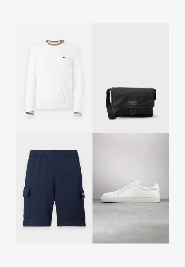Biely sveter s okrúhlym výstrihom, ktorý má na golieri a rukávoch pruhy v zelených, červených a oranžových odtieňoch. Logo Lacoste na hrudi.; Námornícky modré cargo šortky vyrobené z mäkkej látky, s elastickým pásom, dvoma bočnými vreckami a malým logom na ľavom vrecku.; Biele tenisky s hladkým koženým zvrškom a nízkym profilom. Majú zaoblenú špičku, šesť očiek a štruktúrovanú gumovú podrážku.; Čierna messenger taška z odolnej tkaniny, s preklápacím uzáverom, prednou prackou a strieborným logom Calvin Klein. Súčasťou je nastaviteľný popruh.