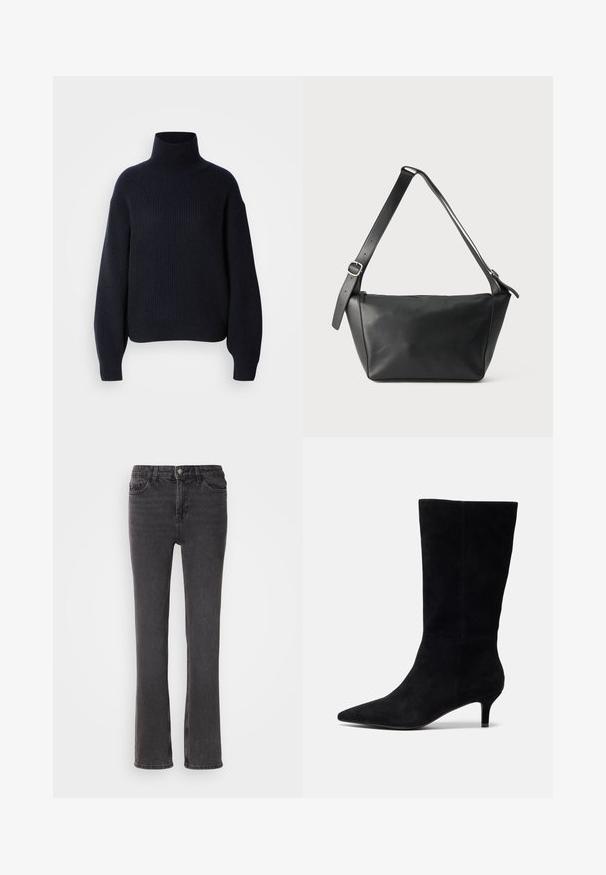 Mørkeblå ribbet rullekravesweater med dropped shoulders, tykk tekstur og afslappet pasform. Manchetter på ærmerne og kanten giver ekstra detalje.; Sorte denim jeans med lige pasform, der har forlommer, lynlås og subtile stiksyninger. Stoffet har en let tekstur.; Sorte ruskindsankelstøvler med spids tå, slank hæl og glat tekstur, der har en tætsiddende silhuet og ingen synlig hardware.; Sort læder skuldertaske med bred justerbar rem og sølvspænde, vist mod en ensfarvet lys baggrund.